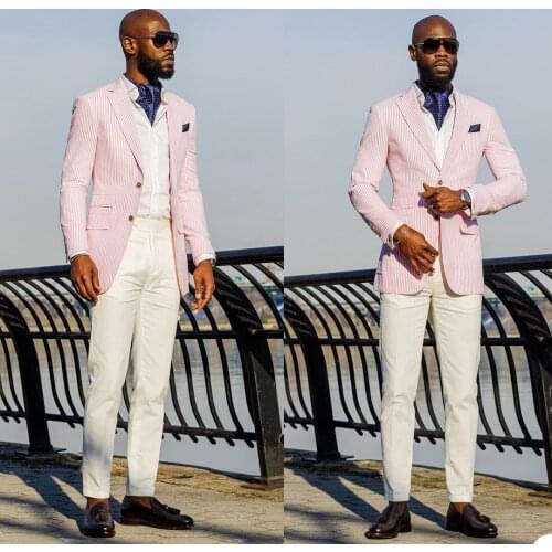 Pink Stripe Men Tuxedos Slim Fit 1 Piece Costom Made Notched Lapel Pocket Blazer Smart Casual Wedding Party Daily Jacket