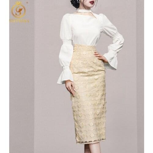 SMTHMA 2021 New Fashion Autumn Womens Temperament Puff Long Sleeve Blouse Two-Piece Sets Elegant Sequin Embroidered Skirt Suit