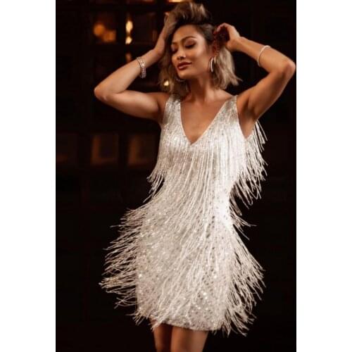Sexy Deep V-Neck Backless Sequins Bodycon Dress Spring Summer Fringe Tassel Club Party club Prom Mini Dress Vestidos