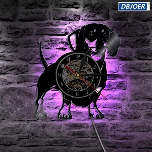 Dachshund Dog Wall Vinyl Wall Lighting Vintage LP Record Clock Handmade LED Lights Decor Art Gift For Dog Lover