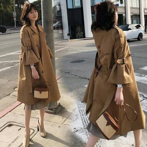 Temperament Trench Coat Female Mid-Length 2021 Spring Autumn New Korean Fashion Loose Retro Horn Sleeves Windbreaker Women A652
