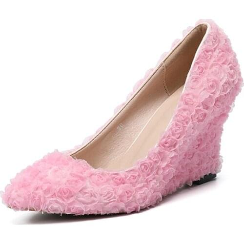 Womens Pointed Toe Lace Rose Flowers Wedge High Heel Pumps Bridal Shoes Wedding White Pink Red New 2022