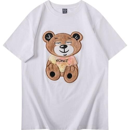 High Street Casual Summer Men T-shirt Beach Loose Large Size Tees Top Bear Embroidery T Shirt Men Black White Funny Cute Clothe