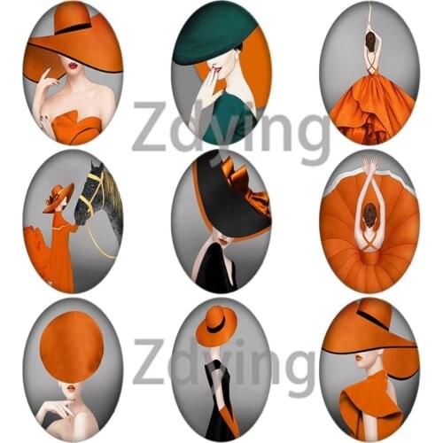 Zdying 10pcs Fashion Woman Hat Girl Oval Shape Glass Cabochons Photo Beads DIY Earrings Demo Flat Back Making Jewelry Findings