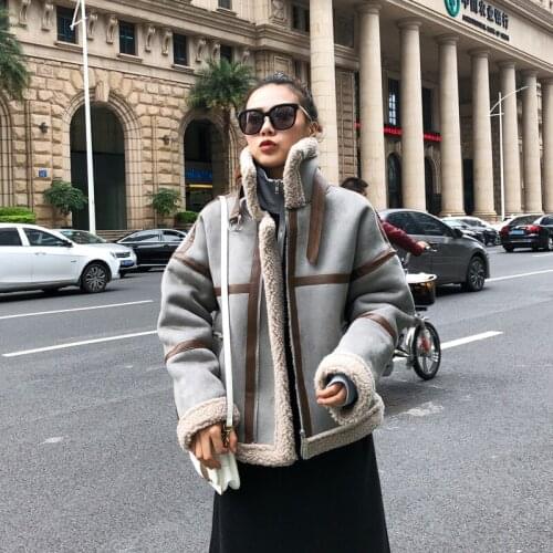 Short Suede Jacket Coat Womens Winter New Warm Lambswool Parka Ladies Lamb Velvet Fur Overcoat Womens Locomotive Bomber Jackets