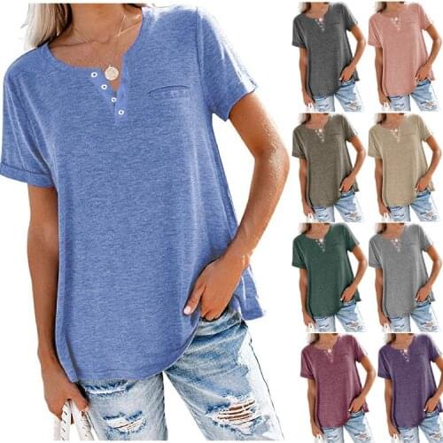2021 Summer New Style Hot Sale Fashion Womens Casual Loose Jacket V-neck Tie Button Short-sleeved Pocket T-shirt Women