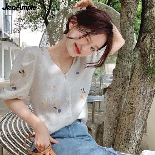 Womens Summer Sweet Embroidery Knit T Shirt 2021 French Graceful V-Neck Short Sleeve Denim Skirts Sets Lady Flower Clothing