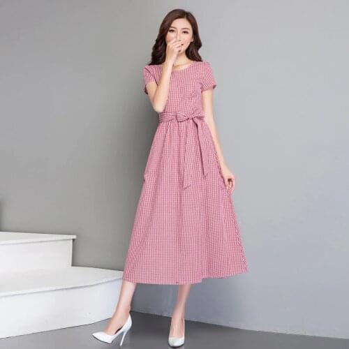 2021 Cotton Summer O Neck Red Plaid Mdi Women Dress Classic Fashion Slim Ladies Dress Basic S-XXXL