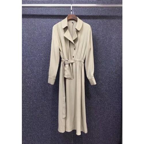 Elegant Work Dress 2021 Autumn Fashion Style Women Turn-down Collar Elastic Waist Double Breasted Long Sleeve Khaki Black Dress