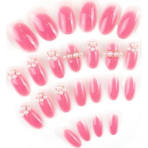 24 PCS/Pack French False Nails Patch Pink Diamond Shiny Long Paragraph With Glue DIY Design Nail Art Sticker Manicure Tools