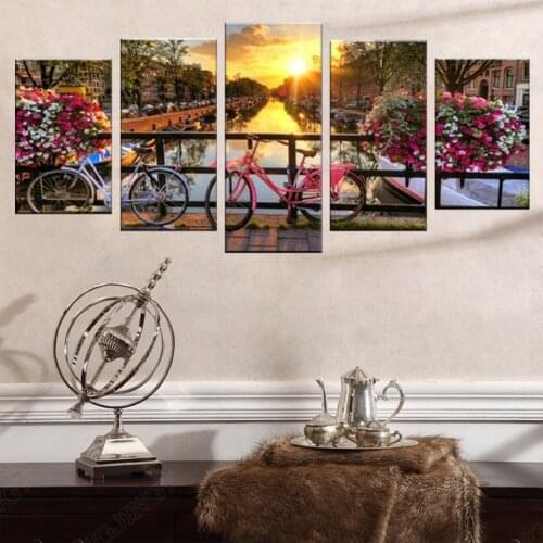 5 Panel City Wall Art Beautiful Sunrise Over Amsterdam The Netherlands Scenery Painting on Canvas Lake with Flowers and Bicycles