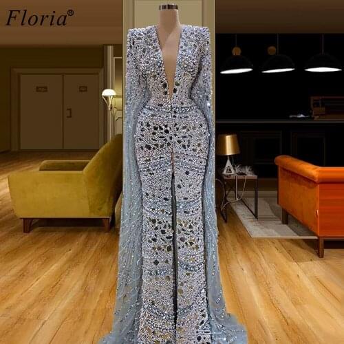 Plus Size Muslim Heavy Handmade Evening Dress 2020 Long Mermaid Crystals Evening Gowns With Cape Special Celebrity Dress Party