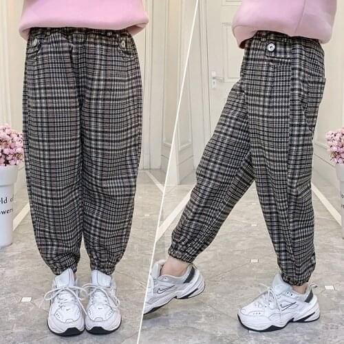 Teenage Girls Pants Autumn Winter Thick Warm Woolen Pants Retro Plaid Kids Pants School Children Trousers 4 5 6 8 12 13 14 Years