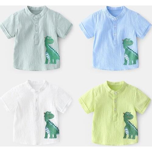 2-9Y Jchao Kids Clothes 2020 Summer Fashion Cotton Cartoon dinosaur Print Short Sleeve Mandarin Collar Boys Shirt girls blouse
