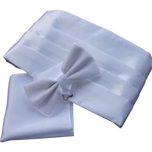 Ikepeibao Mens Formal Solid Classic White Pre-tied Bow Tie & Pocket Square & Cummerbund Set