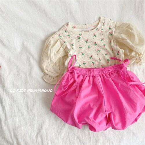 Girls Summer Sets 2021 Fashion Childrens Puff Sleeve Baby Pure Cotton Flowers Cute Casual Toddler Birthday Girl Costume