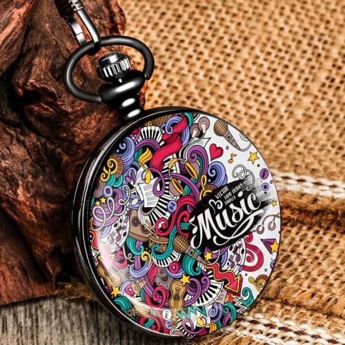 Fashion Pink Music Carnival Pattern Vintage Pocket Watch Pendant Necklace Chain Men Women Alloy Watches for Friend Gifts