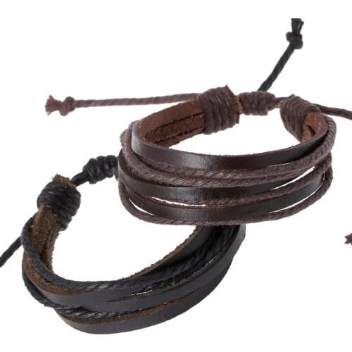 Mens Bracelets & Bangles 2016 Wholesale Rope Cord Handmade Woven Cow Leather Bracelet Wristband Multi Layers Fashion Jewel