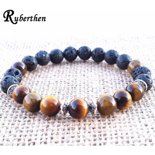 Ruberthen Men`s 8 mm Tigers Eye Bracelet Lava Stone Energy Bracelet Spiritual Meditating Yoga Bracelet Wrist Mala Jewelry