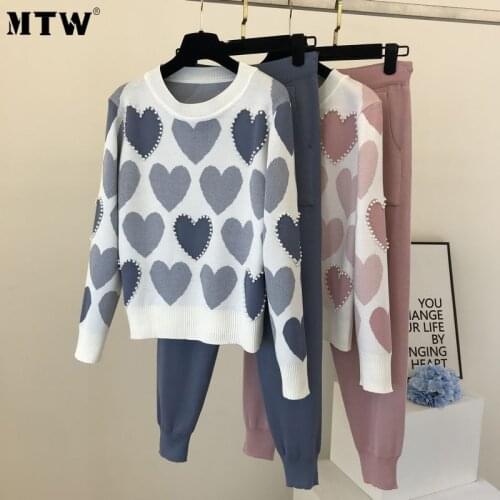 2020 Autumn Winter Knitted 2 Piece Set Korean Love Printed Tracksuit Casual Long Sleeve Beading Sweater + Pants Suit