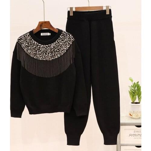 Autumn Winter Diamonds Tassel Knitted Sweater Sports Pants Tracksuit Women Loose Knitting Tops and Casual Trousers Female 2pcs