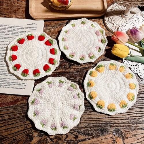 Braided Table Mat Cup Coasters Hand-woven Love Strawberry INS Decor Home Decoration For Office Apartment Bar