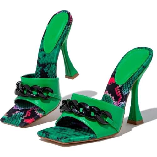 Women Sandals Sexy High Heels Slippers PU Slip on Slides 2021 Summer Fashion Shoes with Gold Chain Outdoot Green Pink Heels
