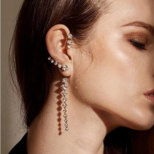 New Korean Rhinestone Earrings Shiny Drill Arc Ear Hanging Clip Earrings for Women Minimalist Ear Cuff Single