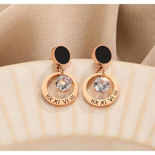 Classic Roman Numerals Black Shell Round Zircon Drop Earrings For Women High Quality Stainless Steel Party Jewelry Female Gift