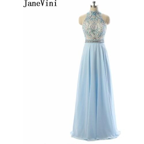 JaneVini Luxury Long Bridesmaid Dresses High Neck Crystal Beading Floor Length Backless Elegant Chiffon A Line Prom Party Gowns