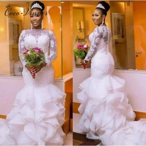 Long Sleeve Button Back Ruffles Tiered Mermaid Wedding Dress African White Color Plus Size Bride Marriage Wedding Dresses W0397
