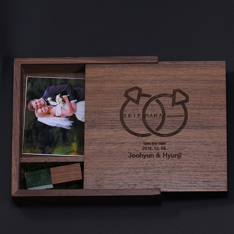 JASTER 1PCS FREE LOGO Walnut Photo Unique Album Wood USB+Box Memory Stick Pendrive 8GB 4GB 16GB 32GB Photography Wedding Studio