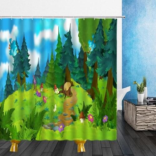 Cartoons Landscape Shower Curtains Pink Cherry Blossoms Fairy Tale Forest Bathroom Home Decor Waterproof Polyester Cloth Curtain