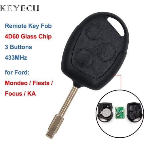 Keyecu Replacement Remote Key Fob 3 Buttons 433Mhz 4D60 Glass Chip for Focus Mondeo Fiesta KA, Car Key with Uncut FO21 Blade