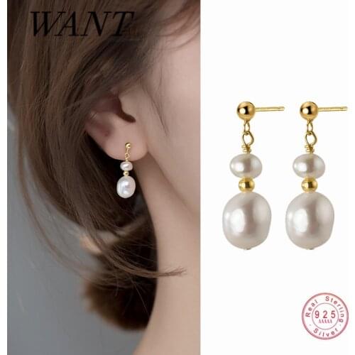 WANTME New Natural Geometric Baroque Pearl Bead Drop Earrings for Women Genuine 925 Sterling Silver Bohemian Korean Fine Jewelry