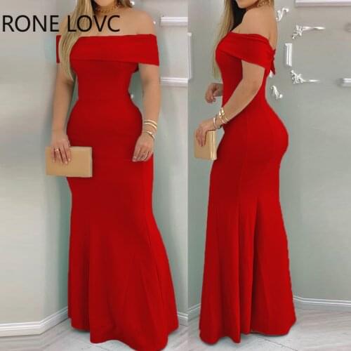 Women Plain Off Shoulder Ruffle Hem Maxi Bodycon Dress Party Sexy Dress Elegant Fashion Dress