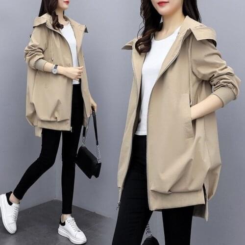 2020 Autumn Hooded Womens Windbreaker Loose Casual Hooded Solid Color Long Ladies Zipper Pocket Fashionable Oversized Coat 5XL