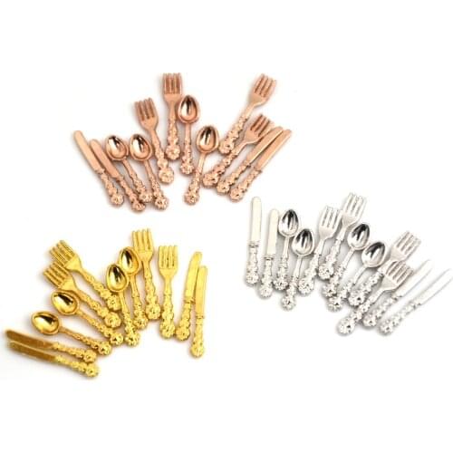 12PCS/set(4PCS Fork+4PCS Knife+4PCS Soup Spoon) Tableware for 1:12 Dollhouse Miniature Accessories Kitchen Food Furniture Toys