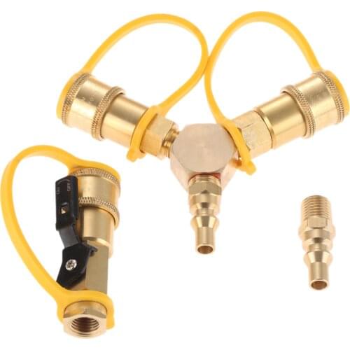 3pcs/kit 1/4" RV Propane Quick Connect 2-way Y Splitter Adapter Solid Brass Trailer Shutoff Valve & Full Flow Male Plug Gas
