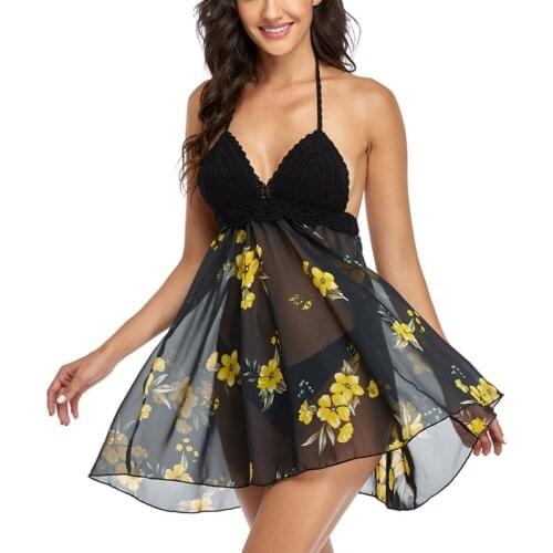 European And American Split Halter Knitted Chiffon Swimsuit Sexy Soft Deep V Dress With Briefs Set Beauty Back Charming Swimsuit