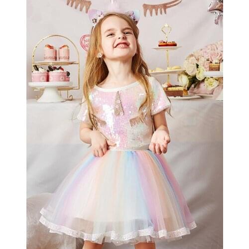 Girls Clothes Sets Children Brand Summer Clothing Sequined Unicorn T-Shirt + Rainbow Dress 2Pcs Suit Baby Kids 2 3 4 5 6 7 Years