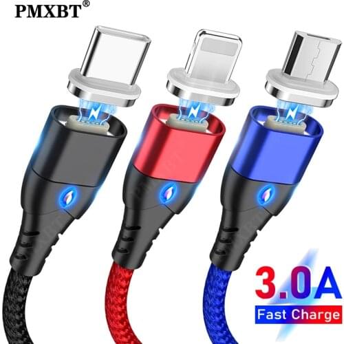 LED Magnetic Type C Micro USB Cable 3A Fast Charging Magnet Data Cord For iPhone Huawei Mobile Phone Charger Quick Charge Cable