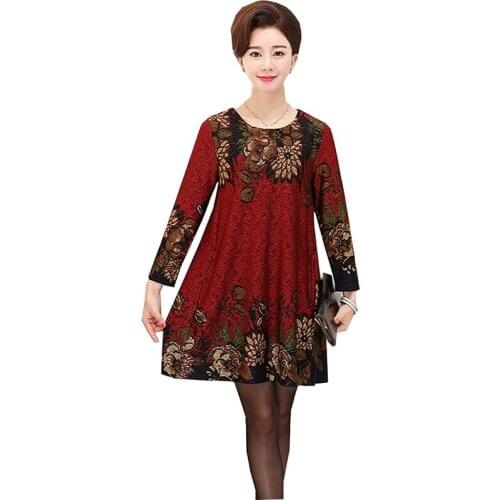 2021 New Autumn Mother Dress Fashion Middle-aged Women A-line Dresses Loose Plus Size 5XL Dress Womens Casual printing Dress
