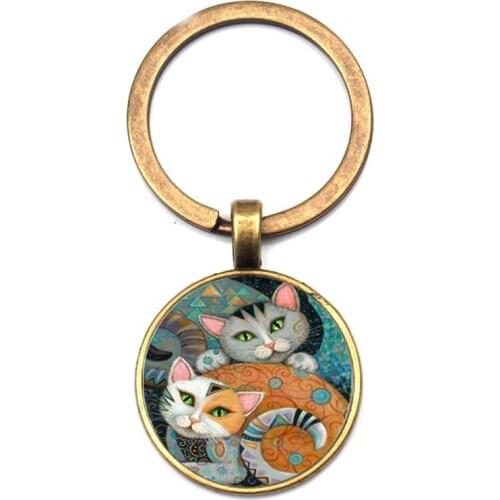 New Charm Two Cat Photos Men Women Key Chain Quality Bag Car Pendant Key Ring Fashion Oil Painting Animal Glass Key Chain Friend