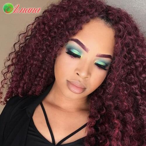 Alinana Kinky Curly 13x4 Lace Front Wigs Pre-Plucked Full Malaysian Virgin Human Hair Wig For Women 99J Dark Red Burgundy Color