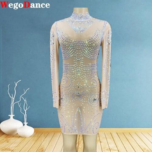 Sexy Stage Silver Rhinestone Brown Mesh Transparent Dress Dance Performance Fashion Show Costume Wedding Birthday Evening Dress