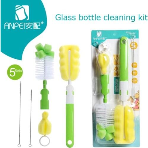 Baby Bottle Brush 5 in 1 Sponge Bottle Cleaner for Kids Milk Feed Bottle Nipple 360 Rotation Cleaning Brushes Water Cup Straw