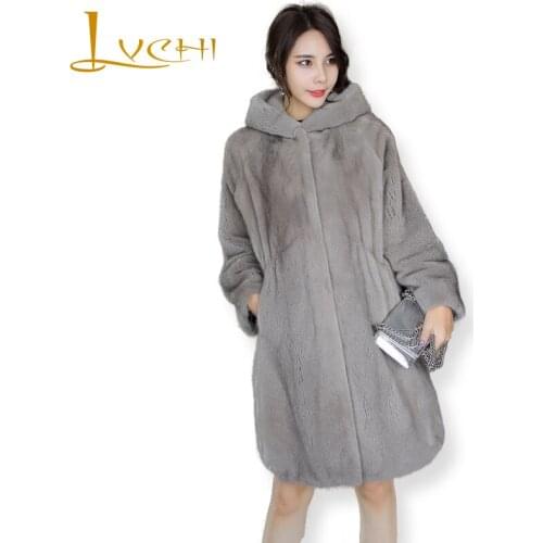 LVCHI Winter 2019 Causal Import Swan Velvet Office Lady Real Mink Fur Coat Womens With Fur Hood Long Loss Pockets Mink Coats