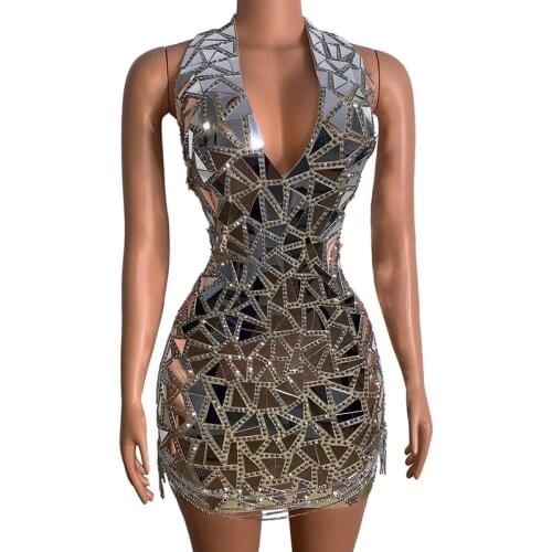 Shining Silver Mirrors Crystals Evening party Dress Prom Sequins Chains Dresses Singer Birthday Celebrate stage Costomes DN7368