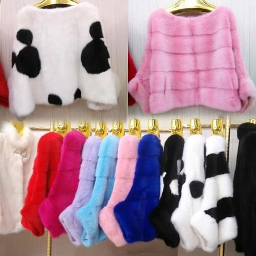 Winter Fur Coat Full Mink Fur Pullover Cape with Slit Pockets Women Bat Sleeve Short Three Quarter sleeve Female Outwear